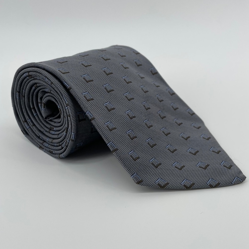 Robert Talbott Studio Extra Long Silk Tie Grey Blue Geometric Square Hand Sewn